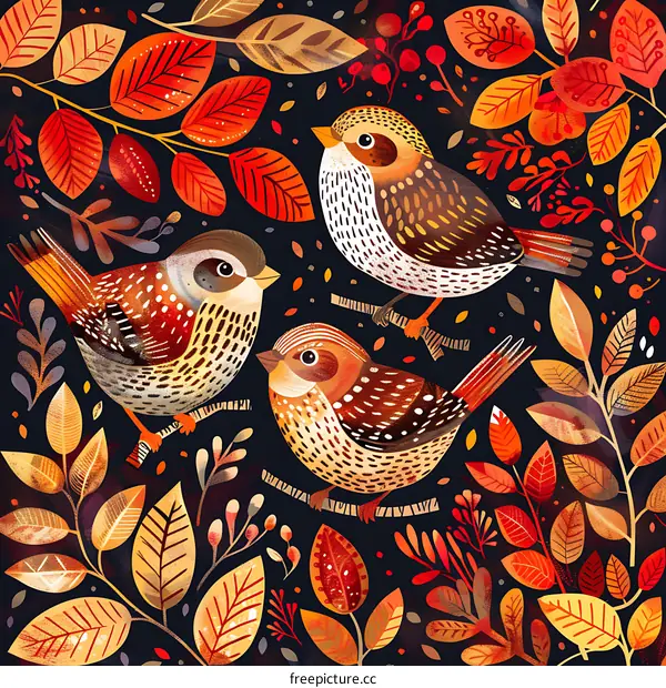 Three Birds on a Branch with Autumn Leaves