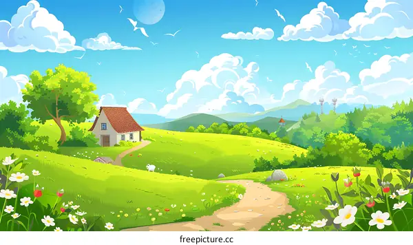 Cartoon Illustration of a Green Meadow Landscape with a Small House