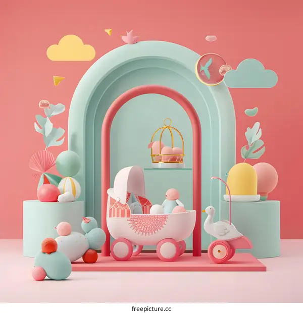 Baby Carriage with Birdcage and Geometric Shapes