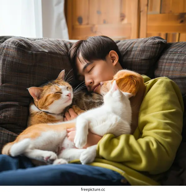 A young man is sleeping on a couch with a cat and a dog