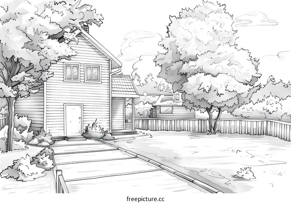 Black And White Illustration Of A House With A Backyard