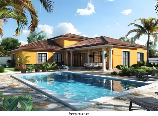 A beautiful house with a pool and a garden