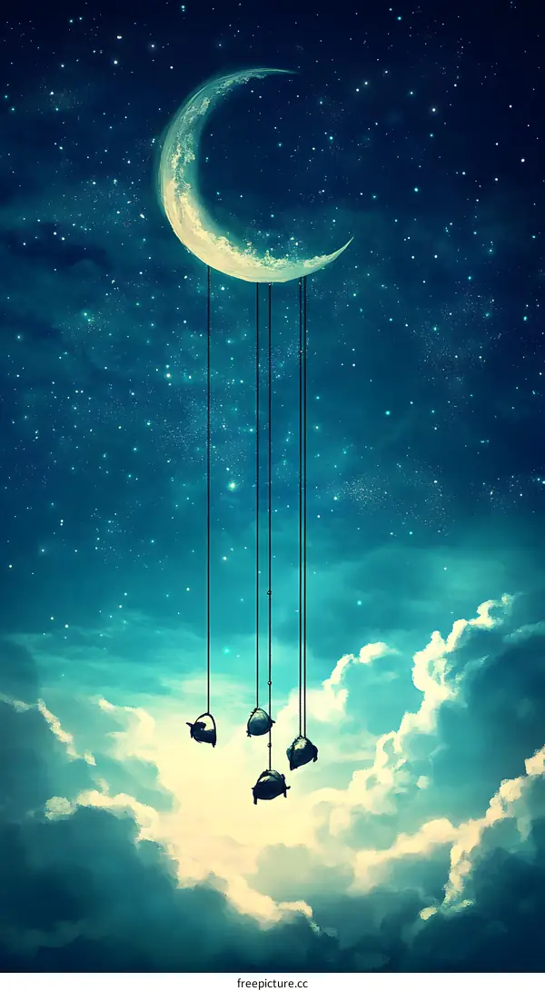 Crescent Moon with Hanging Swings in the Night Sky