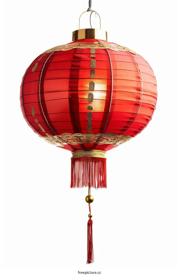 Red Chinese lantern with golden embroidery hanging on a white background