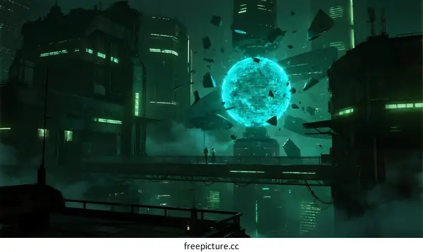 Futuristic Cityscape with Hovering Glowing Sphere and Urban Elements