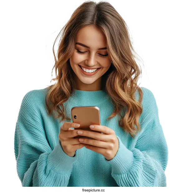 [Transparent Background PNG]Smiling Caucasian Woman Using Smartphone