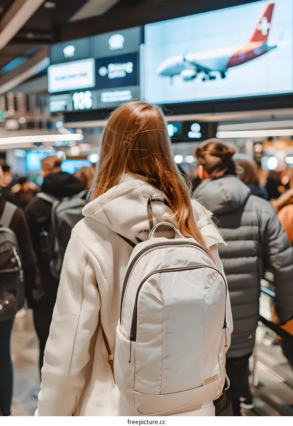 Woman with Backpack Waiting for Flight at Airport
