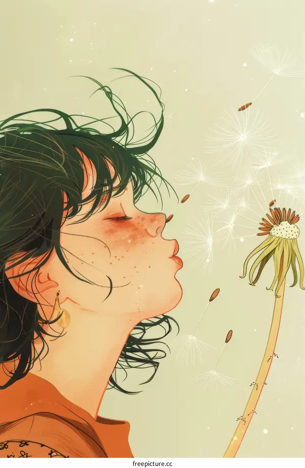 A young woman blowing dandelion seeds in the wind