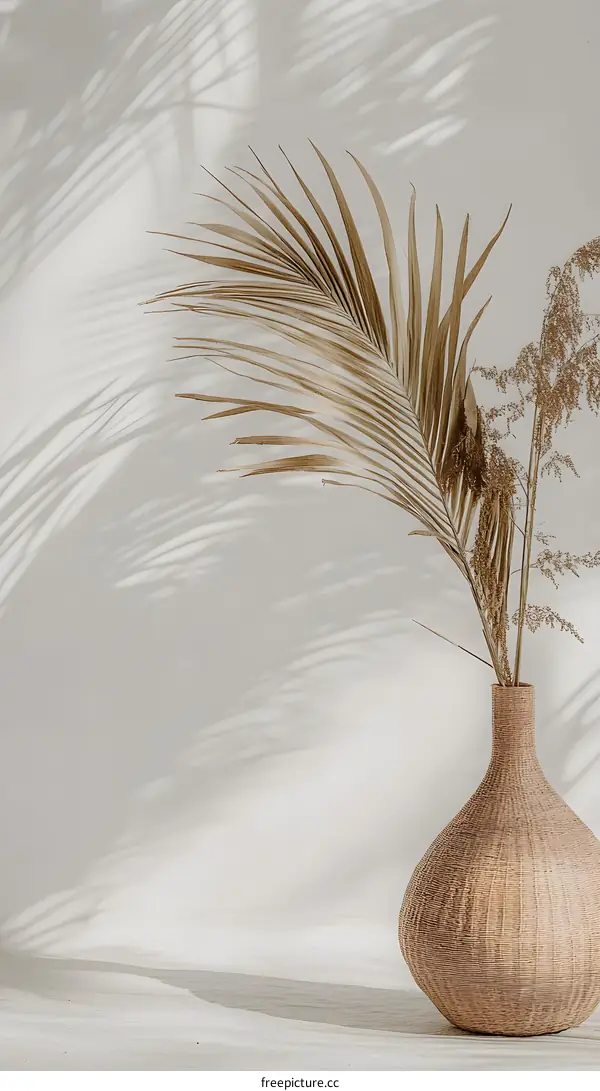 Dried Palm Leaf In A Woven Vase Against A White Wall