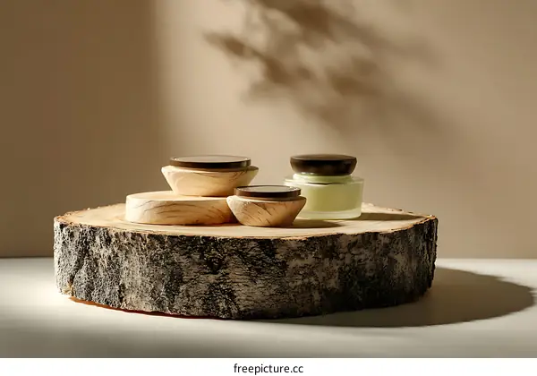 Natural Skincare Display on Wooden Slice