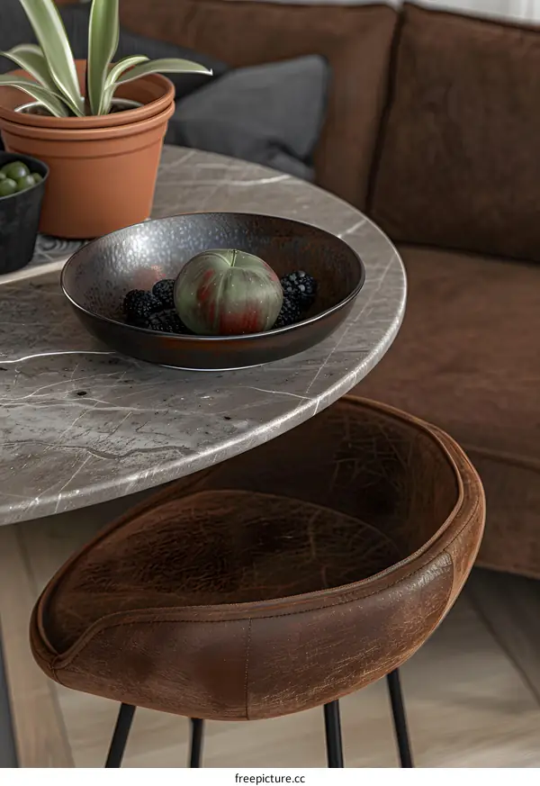 Brown Leather Chair and Table with Bowl of Fruit