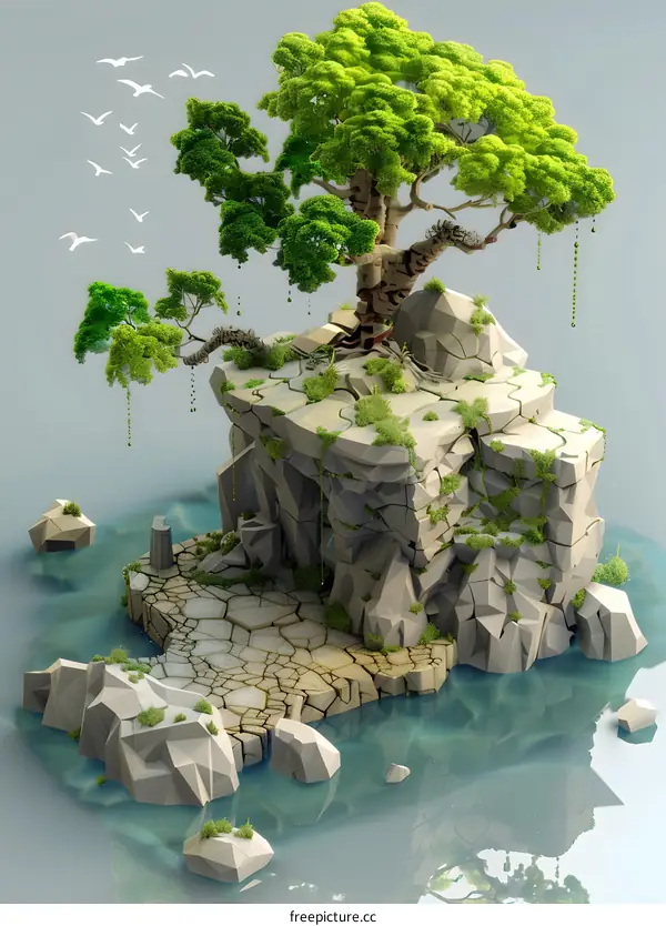 Low Poly Illustration of a Tree on a Rock Island