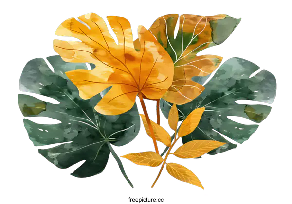 [Transparent Background PNG]Watercolor Illustration of Tropical Leaves in Yellow and Green
