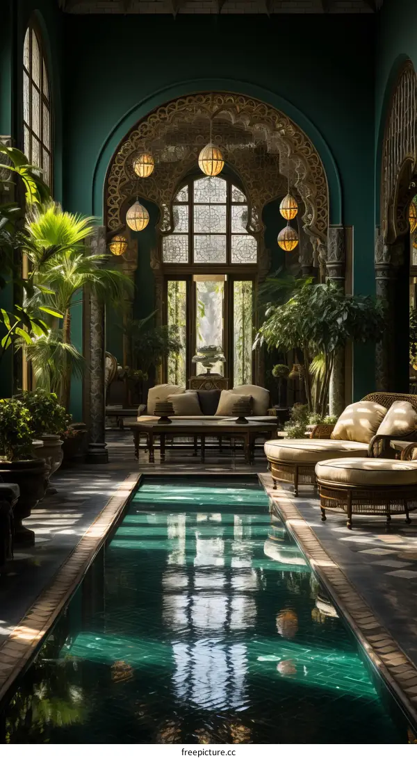 Indoor pool in a beautiful Moroccan style living room with green walls and large windows