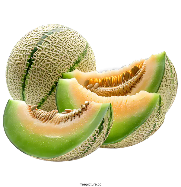 [Transparent Background PNG]A close-up image of a honeydew melon and slices