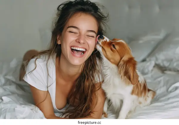 Woman and Dog Relaxing on a Bed