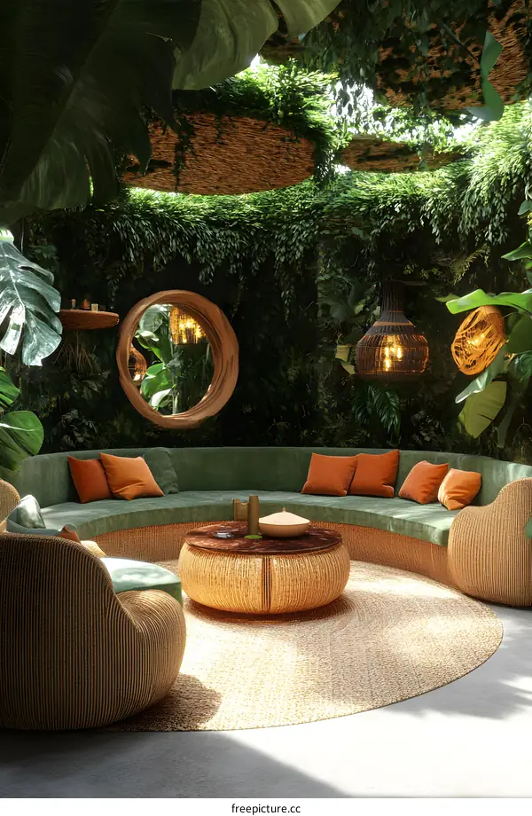 Tropical Garden Living Room Design with Rattan Furniture