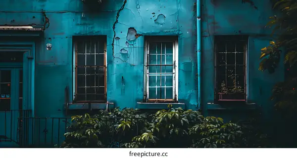 Teal Wall with Windows and Greenery