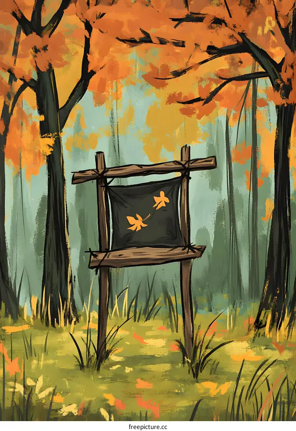 Autumn Forest Illustration with a Wooden Sign