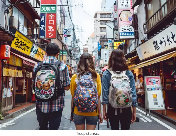 Three Friends Walking Down a Street in Japan