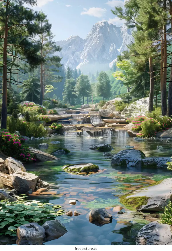 Cascading Waterfalls in a Dense Pine Forest