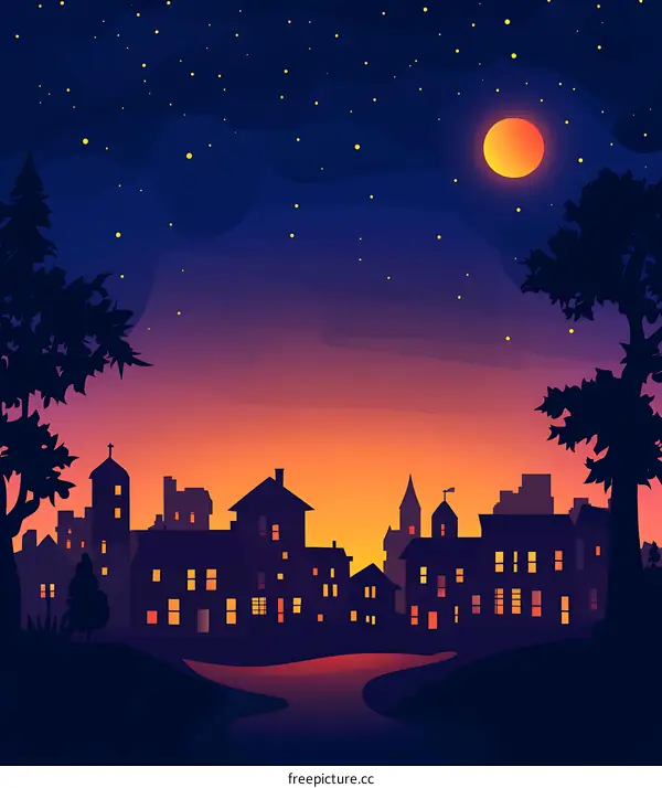 Night Sky Silhouette of a Small Town with Moon and Stars