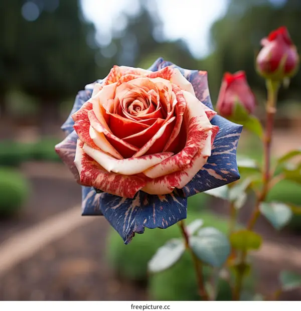 Vibrant Multicolor Bloom: A Majestic Rose in Red, White, and Blue
