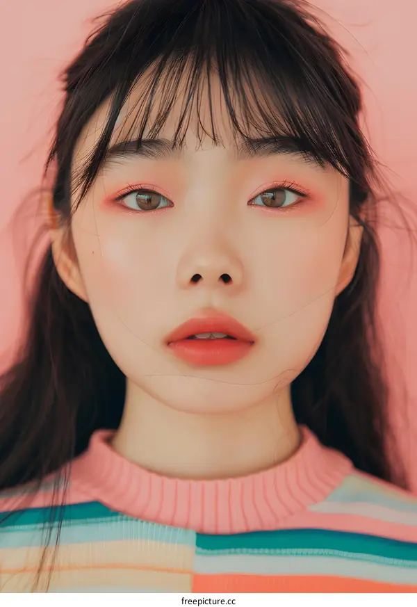 Close up Portrait of Young Asian Woman with Pink Makeup