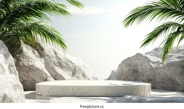 Modern Minimalist Product Display with Rocks and Palms