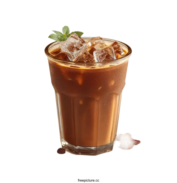 [Transparent Background PNG]Refreshing Iced Coffee with Ice Cubes and Mint Garnish