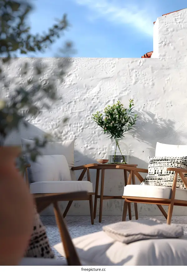 Minimalist Patio Design with White Wall and Wooden Furniture