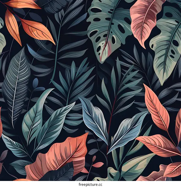 Tropical Leaves Seamless Pattern Dark Background