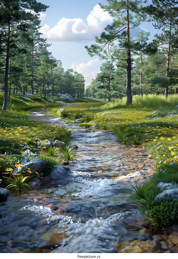 Small River Tranquilly Meandering through a Vibrant Green Field