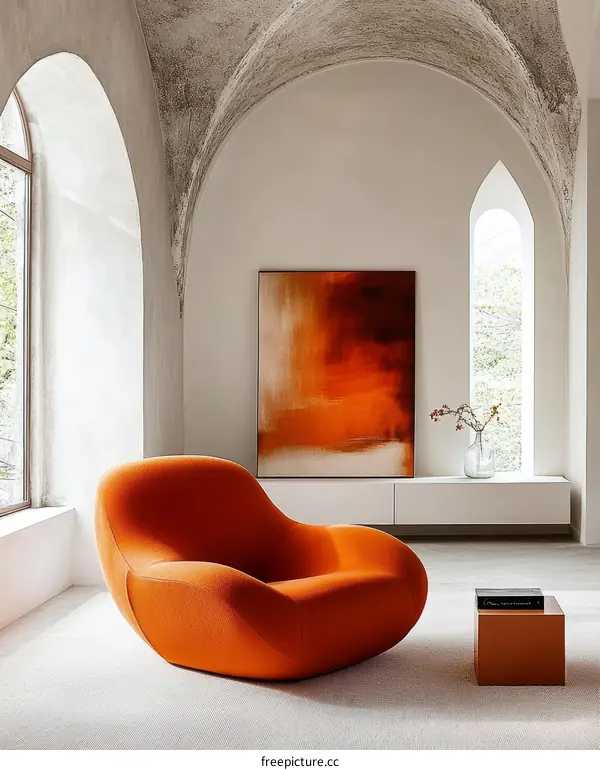 Modern Living Room with Orange Armchair and Artwork