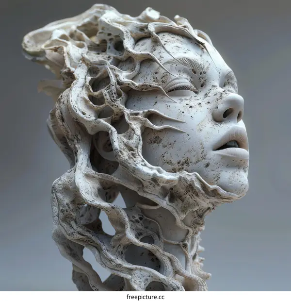 3D rendering of a womans head made of stone