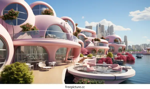 futuristic pink floating house with city view