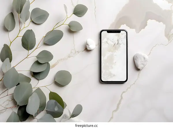 Flat lay of green leaves and white stones with a smartphone on a marble surface