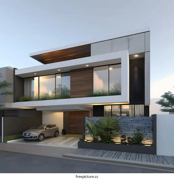 Modern House Design with Large Windows and Wooden Accents