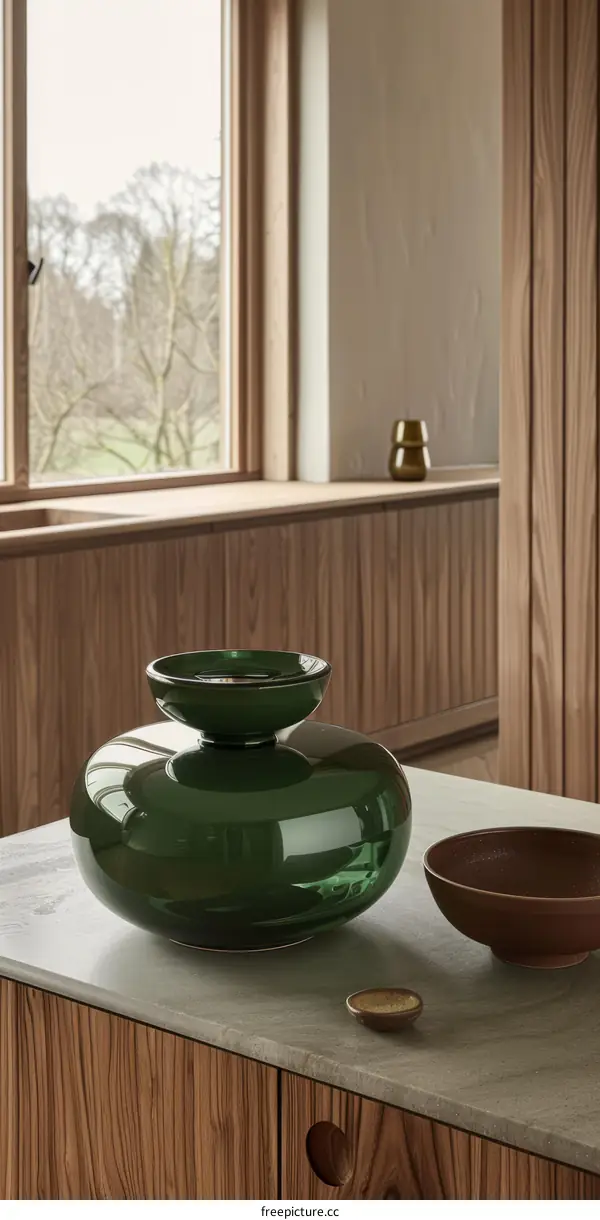 Still life with green glass vase and ceramic bowl