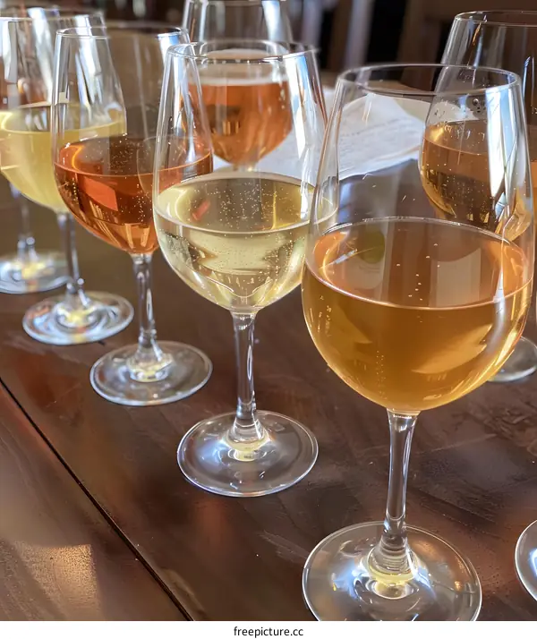 Wine Tasting Glasses with Different Colored Wines on a Wooden Table