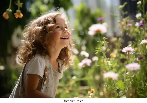 Little girl smiling in a field of flowers
