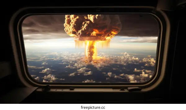 Mushroom cloud from a nuclear explosion seen through an airplane window