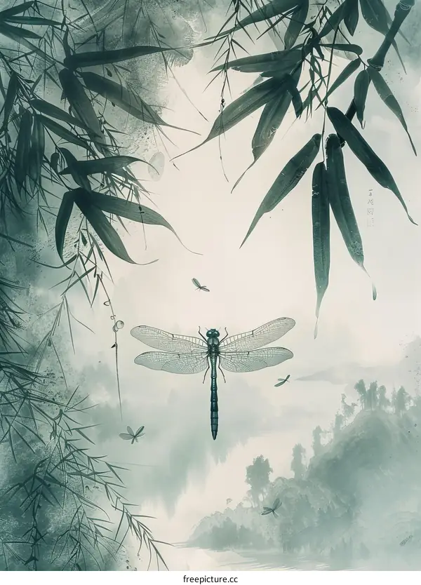 Dragonfly in Bamboo Forest: A Traditional Chinese Painting