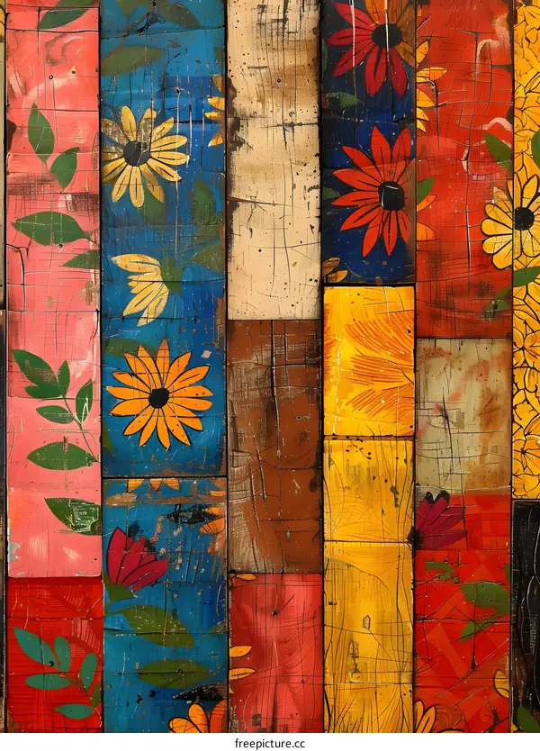 Colorful Painted Wood Planks With Flower Pattern