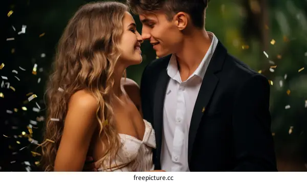 An elegant couple is dancing at a party with a green background