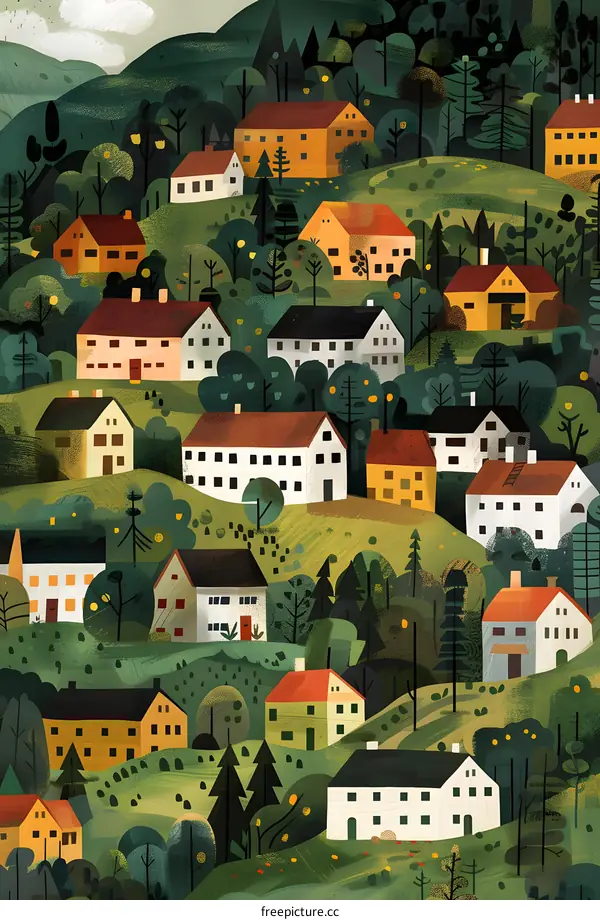 Illustrated Village on Green Hills