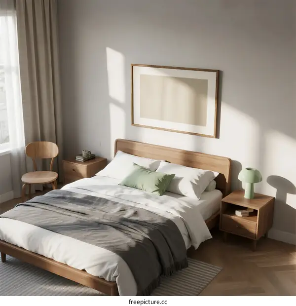 Cozy modern wooden bedroom with natural light and minimal decor