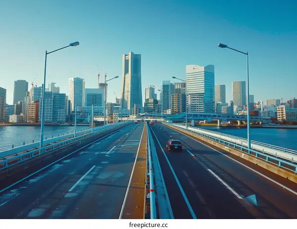 A wide shot of Yokohama's cityscape with a bridge in the foreground
