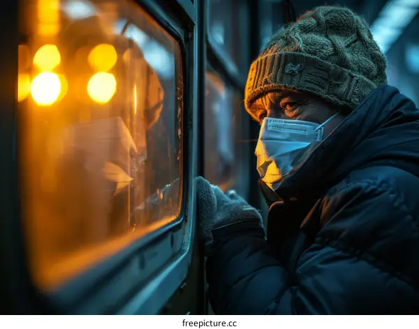Elderly woman wearing a mask looking out of a train window