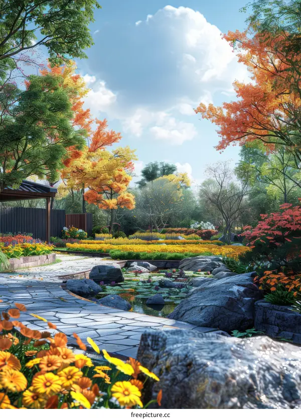 Autumn Garden with Colorful Foliage